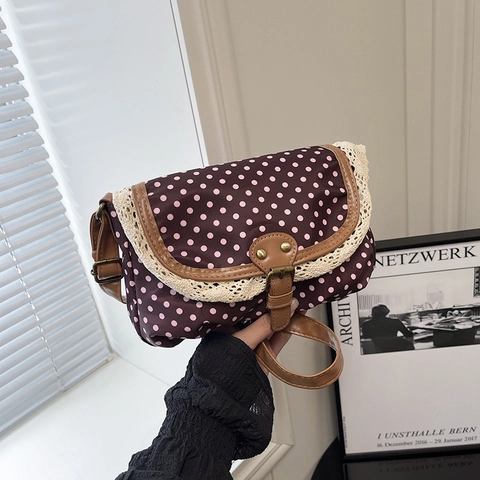 Damen Retro Punktmuster Umhängetasche Süß Spitzenbesatz Kleine Quadratische Tasche Mode Nähte Schultertasche Verstellbarer Riemen