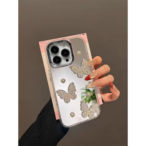 Mirror Cell Phone Case With 3D Rhinestone Butterfly And Faux Artificial Pearl Electroplated Shockproof Luxury Protective Cover