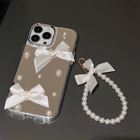Bowknot Mirror Phone Case With Artificial Pearl Hand Strap Satin Ribbon Bows Decorative Protective Cover Luxury Style