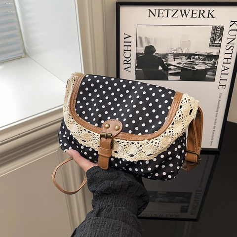 Polka Dot Crossbody Bag Vintage Lace Trim Polyester Flap Small Square Shoulder Purse Retro Sweet Style