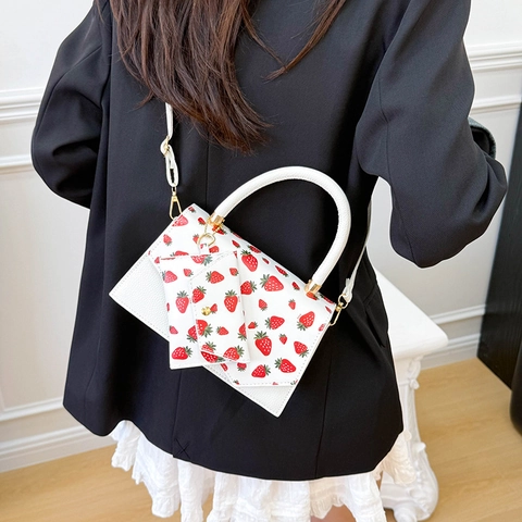 Borsa A Mano Donna Stampa Fragola Tracolla Pelle PU Grana Di Litchi Moda Versatile