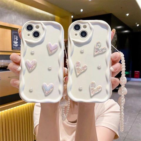 Phone Case With Artificial Pearl Hand Chain Strap Wave Border Creamy White TPU Protective Shell Holographic Hearts Dimensional Cute