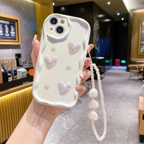 Phone Case With Artificial Pearl Hand Chain Strap Wave Border Creamy White TPU Protective Shell Holographic Hearts Dimensional Cute