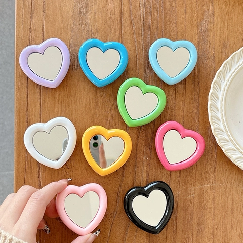 Heart Shaped Folding Phone Holder Airbag Stand Mini Vanity Mirror Portable Macaron Color Plastic Bracket For Women Girls