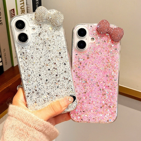 Rhinestone Bow Glitter Resin Phone Case TPU Soft Protective Cover For iPhone 17 16 15 14 13 12 Pro Max Luxury Shiny