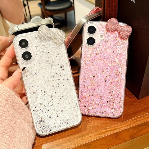 Rhinestone Bow Glitter Resin Phone Case TPU Soft Protective Cover For iPhone 17 16 15 14 13 12 Pro Max Luxury Shiny
