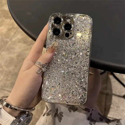 Custodia Per Telefono Di Lusso Con Glitter E Paillettes Lucida TPU Galvanizzato Protezione Integrale Smartphone Donna Argento