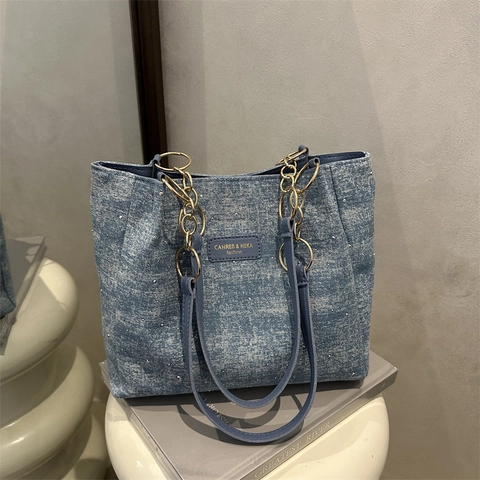 Dames Shopper Tas Denim Stof Strass Decoratie Gouden Ketting Schoudertas Grote Capaciteit Casual Chique