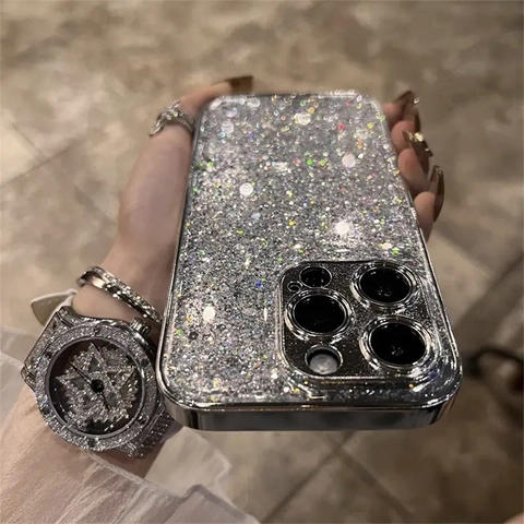 Custodia Per Telefono Di Lusso Con Glitter E Paillettes Lucida TPU Galvanizzato Protezione Integrale Smartphone Donna Argento