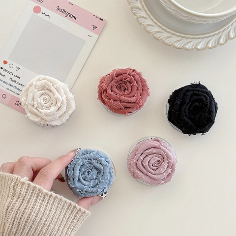 3D Roos Bloem Telefoon Griptok Houder Magnetisch Uitklapbaar Standaard Stoffen Floraal Desktop Accessoire Voor Dames