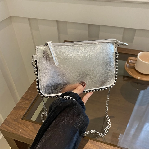 Metallic PU Leather Envelope Shoulder Bag With Chain Strap And Rivet Trim Fashion Small Crossbody Bag For Women
