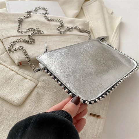 Metallic PU Leather Envelope Shoulder Bag With Chain Strap And Rivet Trim Fashion Small Crossbody Bag For Women