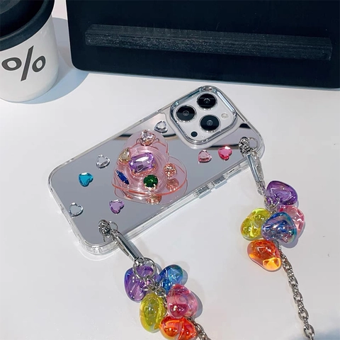 Custodia Specchio Con Strass Compatibile Con iPhone Supporto Cuore Catena Tracolla Gemma Scintillante Moda Lusso Cover Morbida