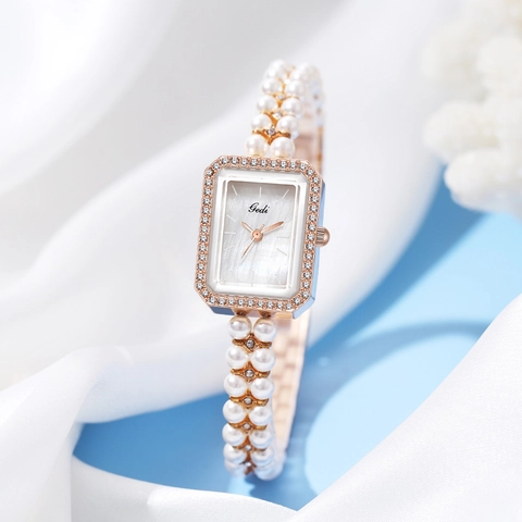 Women Quartz Watch Elegant Artificial Pearl Strap Rhinestone Rectangular Mother Of Artificial Pearl Dial Waterproof Fashion Luxury