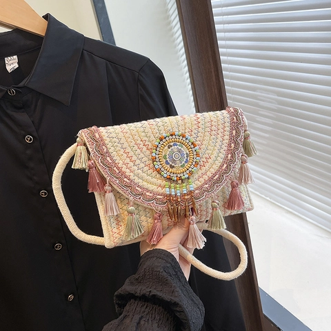 Bohemian Gewebte Umhängetasche Damen Stroh Schultertasche Mit Quasten Und Perlenstickerei Sommer Strandurlaub Ethno-Stil