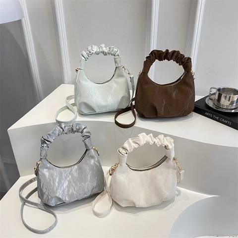 Women Stylish Ruched PU Leather Crossbody Bag Fashion Half Moon Hobo Bag With Cloud Handle Solid Color Chain Small Handbag