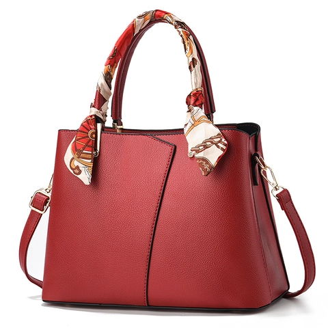 Elegant Women Lychee Grain PU Leather Handbag Satin Scarf Wrapped Handle Large Capacity Shoulder Bag Golden Hardware