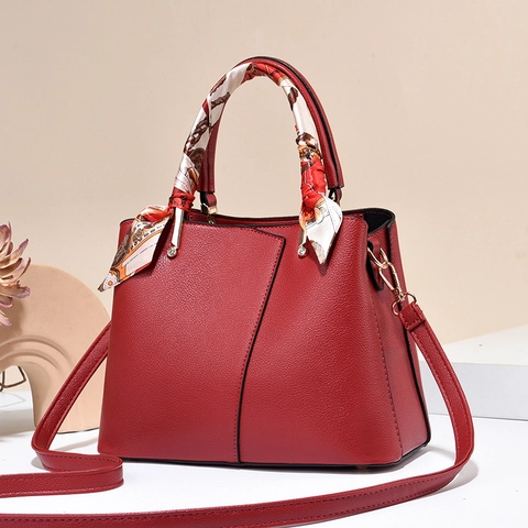 Elegant Women Lychee Grain PU Leather Handbag Satin Scarf Wrapped Handle Large Capacity Shoulder Bag Golden Hardware