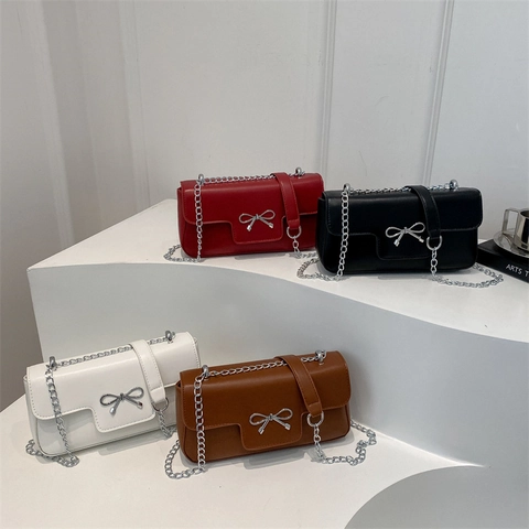 Dames Mode Strik Decor PU Leer Ketting Schoudertas Niche Ontwerp Vierkante Crossbody Tas Casual Chique Flap Kleine Handtas