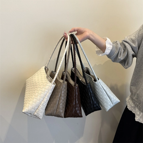 Borsa A Spalla Intrecciata Pelle PU Retrò Borsa Sottobraccio Baguette Borsa Da Donna Moda Pendolare Elegante Colore Solido