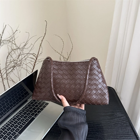 Borsa A Spalla Intrecciata Pelle PU Retrò Borsa Sottobraccio Baguette Borsa Da Donna Moda Pendolare Elegante Colore Solido