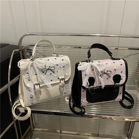 Sweet Lolita PU Leather Backpack Shoulder Bag With Lace Artificial Pearl Bow Charm Kawaii Small Square Bag For Women