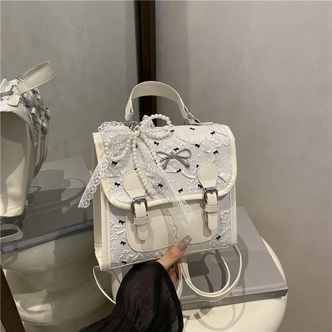 Sweet Lolita PU Leather Backpack Shoulder Bag With Lace Artificial Pearl Bow Charm Kawaii Small Square Bag For Women