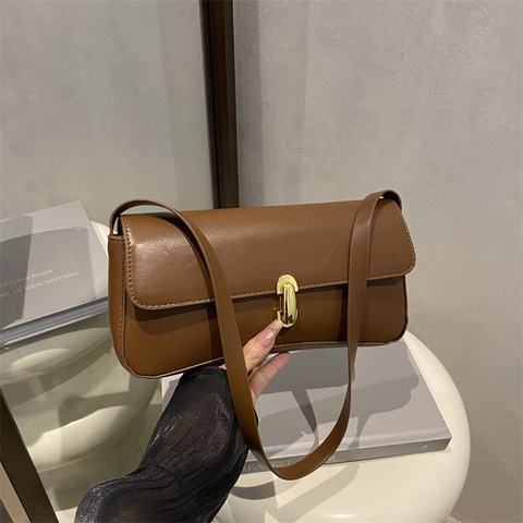 Sac Sous Le Bras Pour Femme En Cuir PU Style Français Rétro Sac À Épaule Rectangulaire Avec Serrure En Métal Doré Mode Chic Quotidien