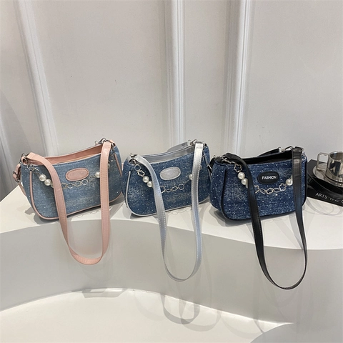 Women Denim Underarm Shoulder Bag With Faux Artificial Pearl Metal Star Chain Millennial Aesthetic Retro Baguette Handbag