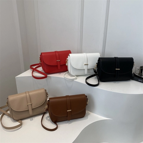 Minimalist PU Leather Square Crossbody Bag For Women Retro Elegant Flap Shoulder Bag With Gold Hardware Adjustable Strap