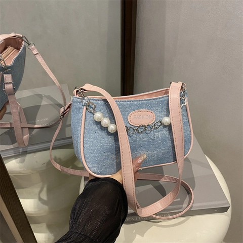 Women Denim Underarm Shoulder Bag With Faux Artificial Pearl Metal Star Chain Millennial Aesthetic Retro Baguette Handbag