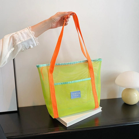 Borsa Tote Da Donna In Rete Di Grande Capacità Colori A Contrasto Traspirante Spiaggia Nuoto Borsa A Spalla Viaggio