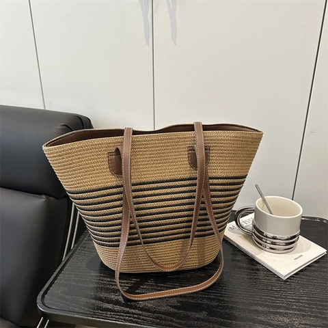 Large Capacity Straw Woven Striped Tote Bag For Women Summer Beach Casual Shoulder Bag With Synthetic Leather Handle Commuting Handbag