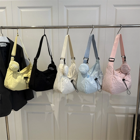 Fashion Nylon Tote Bag For Women Large Capacity Shoulder Crossbody Bag With Round Pouch Pleated Summer Satchel Bag