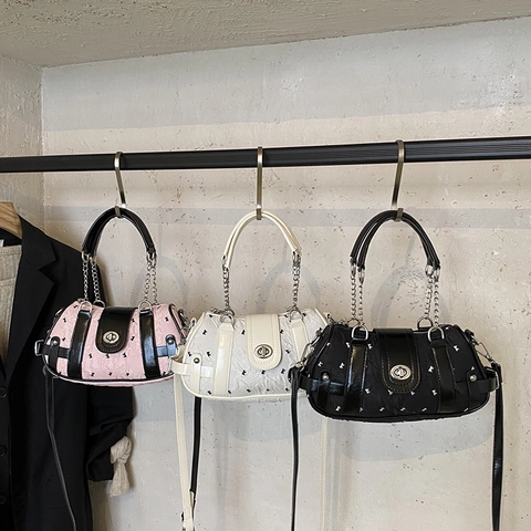Borsa A Spalla Donna Pelle PU Boston Borsa A Mano Catena Metallica Chiusura Girevole Moda Streetwear Pendolare