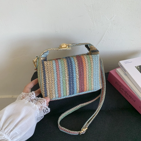 Striped Woven Crossbody Bag Fashion Women Handbag Small Square Shoulder Bag Beach Vacation Bohemian With Metal Lock