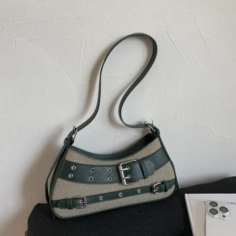 Retro Lokomotive Unterarmtasche PU Leder Canvas Patchwork Schnalle Riemen Y2K Punk Vintage Schultertasche Damen