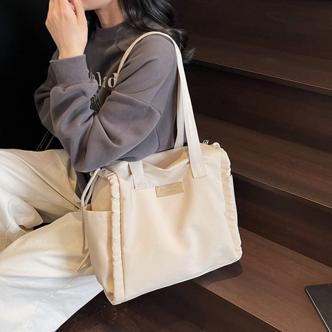 Grande Borsa Tote In Nylon Scuba Donna Borsa A Spalla Casual Con Coulisse Minimalismo Borsa A Mano