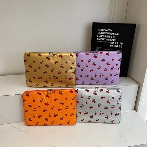 Cherry Print Laptop Sleeve PU Metallic Handheld Clutch Bag For Women Tablet Protection Case Stylish Travel Organizer