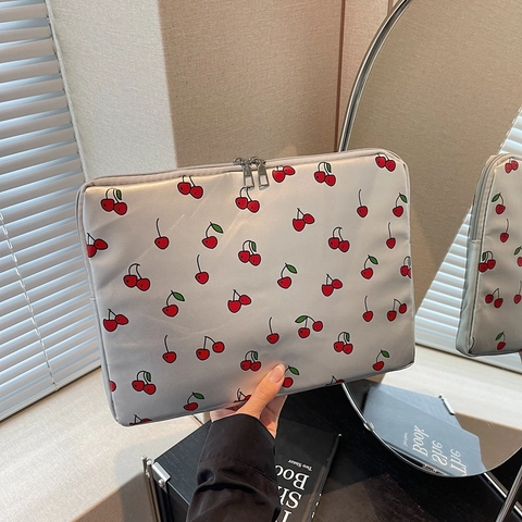 Cherry Print Laptop Sleeve PU Metallic Handheld Clutch Bag For Women Tablet Protection Case Stylish Travel Organizer