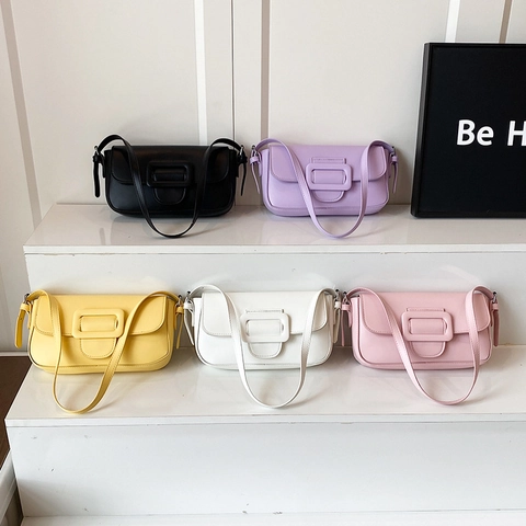 Korean Style Women PU Leather Underarm Baguette Bag Large Decorative Square Buckle Retro Minimalist Solid Color Shoulder Bag