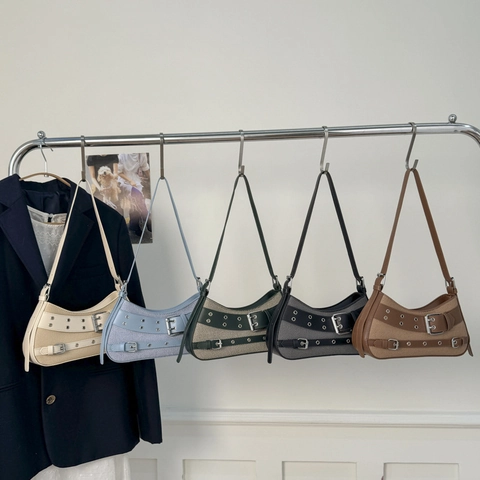 Vintage PU Leder Patchwork Unterarm Schultertasche Für Damen Y2K Retro Schnalle Öse Dekoration Mode Lässige Tägliche Handtasche
