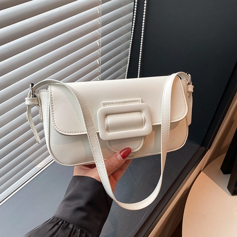 Korean Style Women PU Leather Underarm Baguette Bag Large Decorative Square Buckle Retro Minimalist Solid Color Shoulder Bag