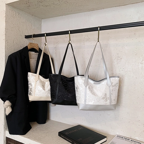 Borsa Tote Da Donna Grande Capacità Pelle PU Stampa Farfalla Strass Borsa A Spalla Alla Moda Per Uso Quotidiano