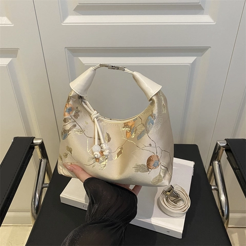Embroidered Hobo Bag Fabric Flower Bird Pattern Tassel Artificial Pearl Decor Retro New Chinese Style For Women