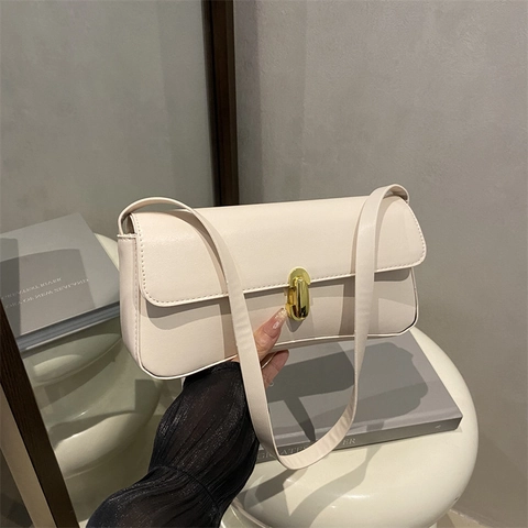 Women PU Leather Baguette Underarm Bag Solid Color Gold Metal Lock Retro Minimalist Shoulder Handbag Trendy