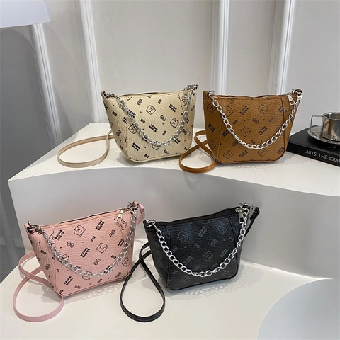Borsa a Secchiello in Pelle PU Vintage Minimalista da Donna Stampa Orso Fiocco Borsa a Tracolla Con Catena Argentata