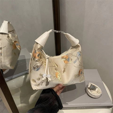Borsa a Mano Ricamata in Nuovo Stile Cinese Vintage Con Fiori Uccelli Motivo Loto Satin Hobo Borsa a Spalla Donna Etnica
