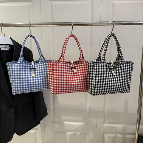 Bolso Tote de Lona Gingham para Mujer Estilo Coreano Simple Cuadros Color de Contraste Bolso de Mano Con Cierre de Alamar