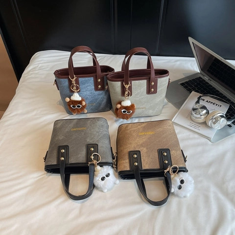 Retro Mini Denim Canvas PU Leather Crossbody Bucket Tote Bag Golden Rivets Contrast Color With Plush Monster Charm For Women